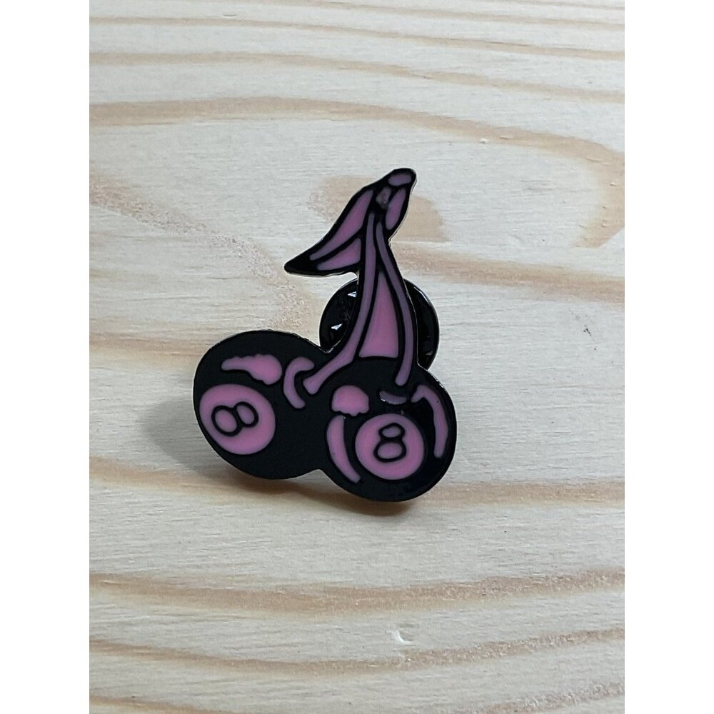 Pink & Black 8 Ball Cherry Enamel Pin With Secure Backing For Jackets Hats Bags